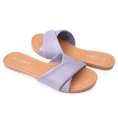 Image of FITORY Women's Flat Sandals Fashion Slides With Soft Leather Slippers for Summer Size 6-11