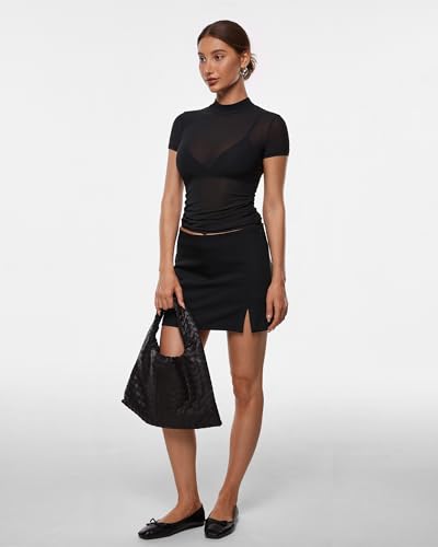 INLYRIC Women's Cosnufy Mesh Sheer Short Sleeve Shirts See Through Mock Neck Ruched Summer Going Out Tops Sexy Tees4