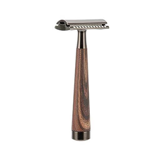Qukaim Maquinilla de afeitar de seguridad manual de doble filo, maquinilla de afeitar manual de aleación de zinc con mango de madera, maquinilla de afeitar reutilizable para hombre para estación de