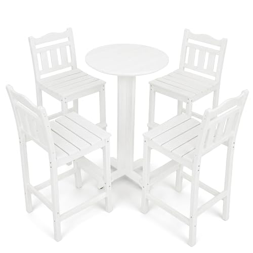 Image of 5-Piece Outdoor Bar Set, HDPE Adirondack Bar Height Chairs Set of 4 and Round Pub Table, All Weather Outdoor Patio Bar Furniture for Bistro, Deck, Balcony, Poolside(White)