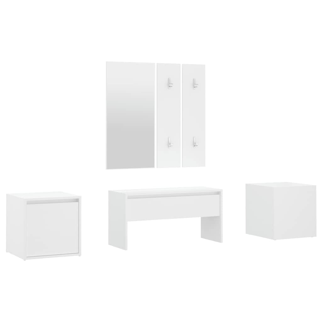 Juego de perchero de madera con espejo, color blanco | Banco de pasillo con cajón, caja de almacenamiento, jardinera, asiento hasta 110 kg