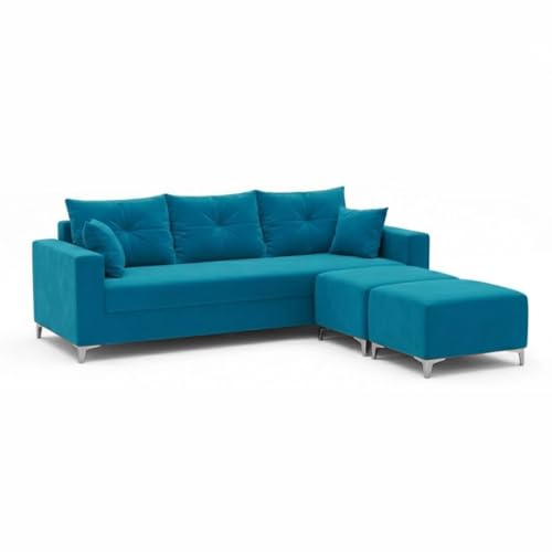 Image of Zora 5 Seater L Shape Sofa Set with 2 Movable Ottomans | Flexible Layout | Rich Velvet Suede Fabric | Silver Legs | Spacious Seating | Modern Sofa for Living Room (Aqua Blue)