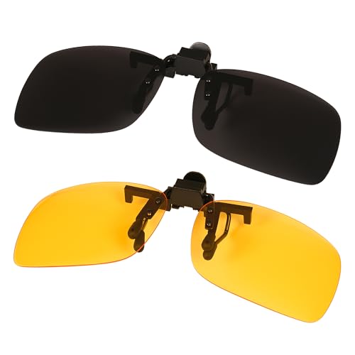 2Pcs Clip-On Sunglasses Polarized Gray & Yellow Lens Combo UV400 Protection Night Driving Fishing Cycling TAC Lens 9-Layer Coating Flip up For Prescription Eyewear Men Women Outdoor Sports