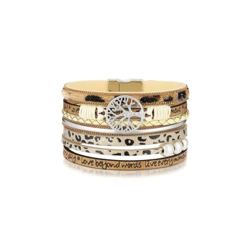 Hanaoops Pulseras Cuero para Mujeres Retro Tejida Pulsera de Cuero Multicapa Brazalete de Cuentas Apilables Trenzado con Inoxidable Magnético Hebilla (Oro, Talla Única)