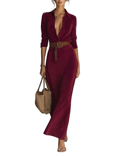 Generisch Elegantes Damen-Hemdkleid aus Wildlederimitat in voller Länge – Slim Fit Maxikleid mit Gürtel lässiges Elegantes Outfit 2025