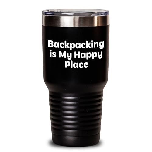 Backpacking Adventures Gifts for Men and Women from Friends and Family - Funny Tumbler Quote 'Backpacking Is My Happy Place' 20oz or 30oz Vacuum-Insulated Stainless Steel/Powder Coating