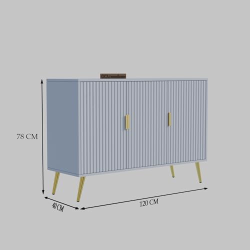 Image of Wooden Sideboard Cabinet for Living Room with 3 Doors Storage for Dining, Drawing and Home Office | HDMR Premium Wood & Iron | Grey & Golden | 47.2 x 15.74 x 30.70 Inches