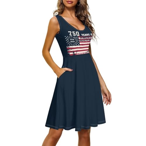 Image of Women Stylish Tank Dresses Sleeveless Round Neck Midi Casual Dress with Pocket for Summer