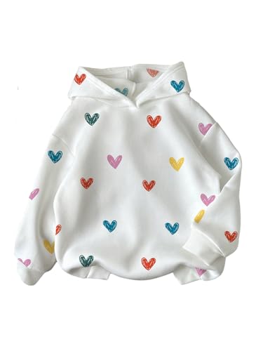 OYOANGLE Girl's Cute Heart Print Long Sleeve Hoodie Drop Shoulder Pullover Hooded Sweatshirts