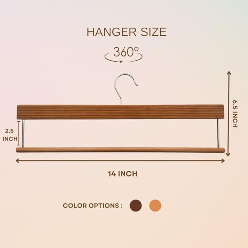 Image of BLOOMAX 14‑Inch Wooden Trouser Hangers | Walnut Finish | German Technique | Non‑Slip Bar & 360 Swivel Hook | Pack of 12 Premium Wardrobe Hangers | Made in India
