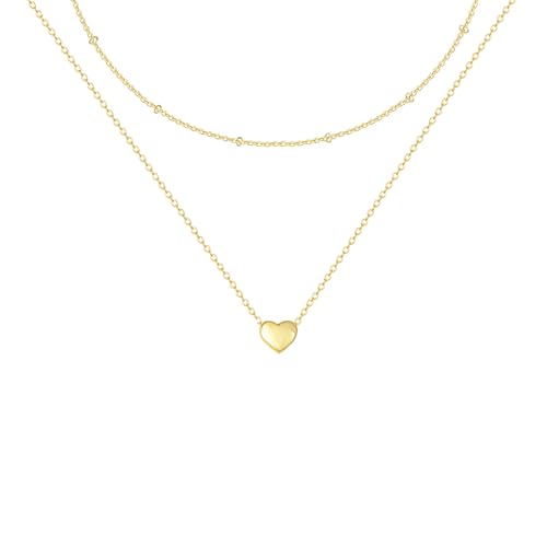 OGD Layered Heart Necklace for Women, Dainty 14K Gold Plated Tiny Puffy Heart Pendant Choker Lobster Clasp Necklace Simple Gold Jewelry for Women Trendy Gift