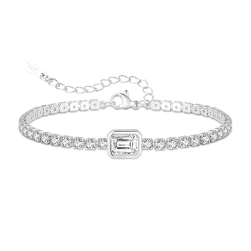 BMMYE Silver Bracelet for Women, Silver Tennis Bracelet for Women Adjustable 925 Sterling Silver Bracelet with Heart Cubic Zirconia Crystal Hypoallergenic Diamond Bracelets for Ladies Jewellery Gifts