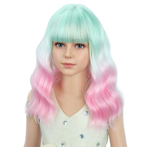 Image of PATTNIUM Girls Green White Pink Wig with Bangs Kids Short Wavy Curly Wig Rainbow Wigs Synthetic Halloween Costume Cosplay Party Wigs
