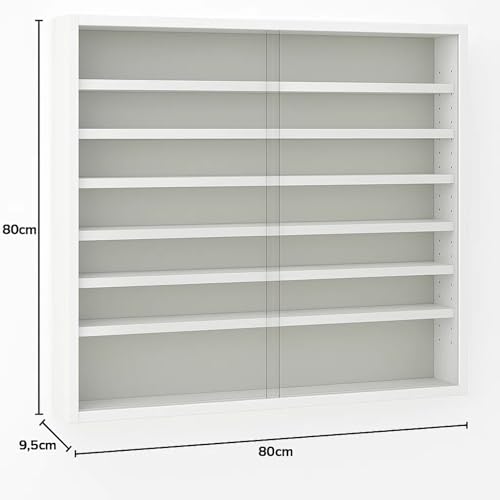 WATSONS REVEAL 6-Shelf Wall-Mounted Glass Display Cabinet – White Finish with Sliding Doors – Adjustable Collectible Storage