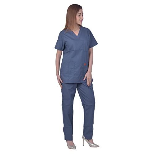 Image of UNISEX V-NECK POLYESTER COTTON MEDICAL SCRUB SUIT FOR DOCTORS (TOP AND BOTTOM) TRIPLE NEEDLE STITCH TOP WITH CHEST POCKET, DARK GREY, 40-L.