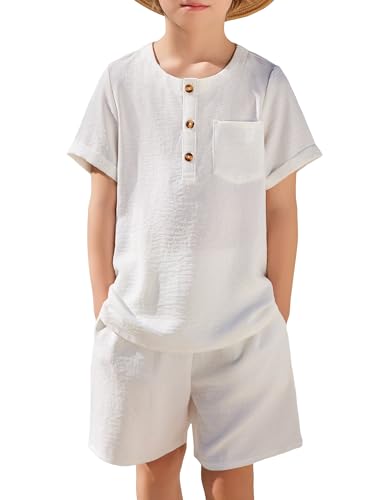 Arshiner Toddler Boy 2Pcs Summer Beach Outfits Short Sleeve Henley Tee & Casual Shorts Set White 7-8 Years