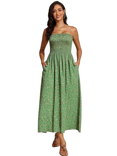 Image of Capuffy Women Strapless Boho Maxi Dress Sleeveless Tube A Line Summer Sundress with Pockets Flowy Swing Beach Dress 33