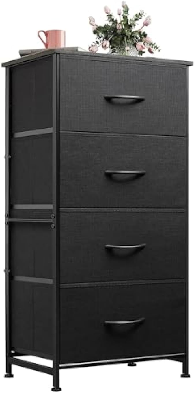WLIVE Dresser with 4 Drawers, Fabric Storage Tower, Organizer Unit for Bedroom, Hallway, Entryway, Closets, Sturdy Steel Frame, Wood Top, Easy Pull Handle, Charcoal Black