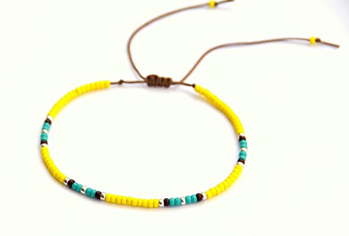 Anklet For Teen Girls And Women, Hippie Colorful Yellow Beaded Beach Anklet, Native American Jewelry, Adjustable Waterproof String Anklet, Handmade By Tribes #TOP7