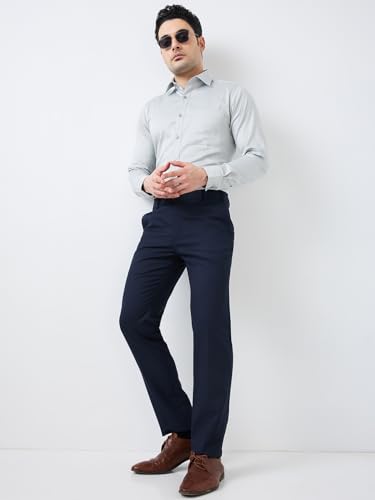 Image of Raymond Men Mid Rise Slim Fit Checks Pattern Polyester Blend Pleatless Formal Trouser