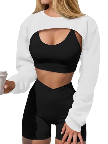 Yousify Womens Cropped Sweatshirt Shrugs Long Sleeve Workout Gym Cover Ups Bolero Shrug Y2k Super Crop Tops White