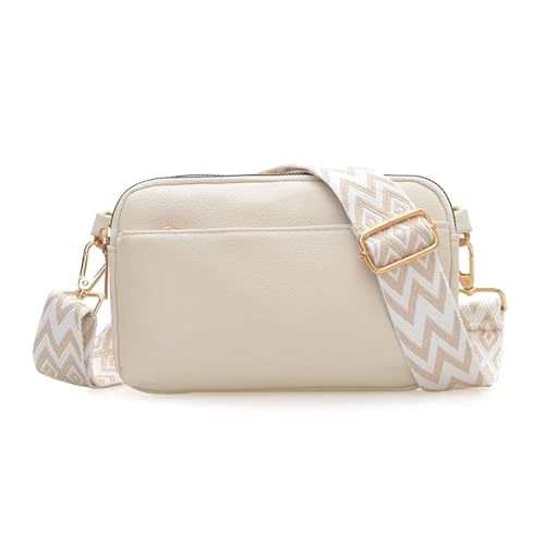 Bolsas transversais com zíper triplo para mulheres, bolsas de couro vegano, bolsas de ombro pequenas com alça larga, Bege, Small to Medium, Bolsas transversais com zíper triplo