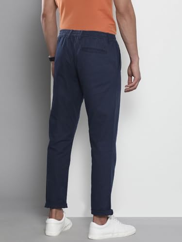 Image of The Indian Garage Co Men Slim Fit Solid Mid-Rise Elasticated Linen Trousers