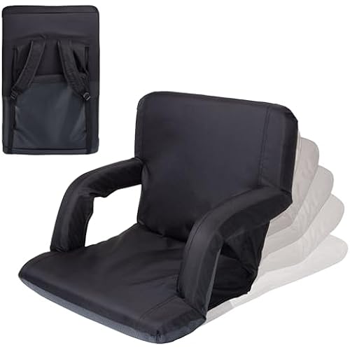 PICNIC TIME Ventura Stadium Seat for Bleachers with Back Support - Portable Reclining Folding Chair, 6 Positions, Padded Cushion Armrests, Lumbar Adjustable Backrest, Backpack Straps, (Black)