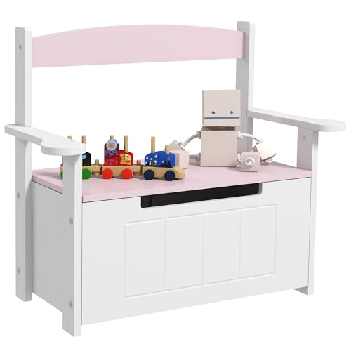 AIYAPLAY Caja de juguetes, baúl de almacenamiento de juguetes 2 en 1 para niños con tapa, banco organizador de almacenamiento de juguetes grande para dormitorio, guardería, sala de juegos, rosa
