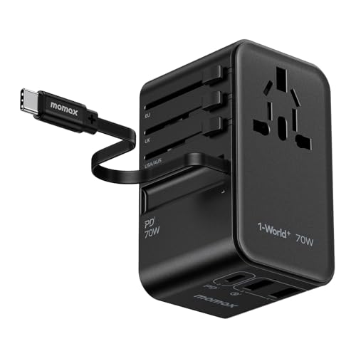 Image of MOMAX Universal Travel Adapter, International Power Plug Adapter with 1 USB C (PD 70W), 2 USB A Ports, 1USB-C Cable (PD 70W), All-in-One Worldwide Wall Charger for USA European UK AUS (Type C /G /A /I)