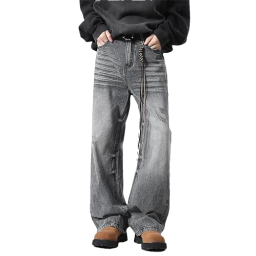 Men's Denim Pants Solid Color Washing Worn-Out Straight Trousers Wide Leg Loose Jeans