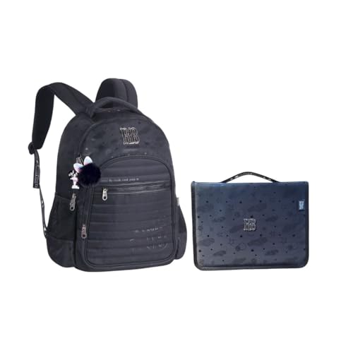Kit Mochila de Costas e Estojo Fichário Rebecca Bonbon Escolar com Estampa Holográfica RB24588 RB24667 (Preto)