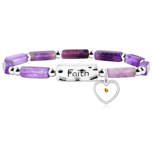 Image of Elastic Faith Bracelet for Women, Adjustable 7 inch Natural Stone Bracelet with Heart Mustard Seed Charm, Spiritual Christian Jewelry for Baptism, Graduation, Religious Celebration YA4856