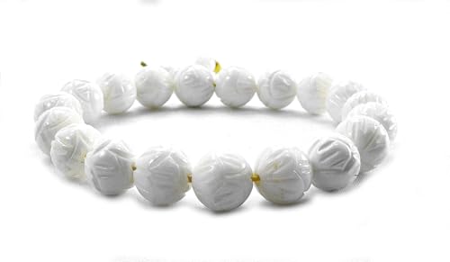 PURPLE WHALE White Obsidian Stone Bracelet, Carved Lotus Design, Tibetan Buddhist Prayer Meditation Bracelet, Women, Men, 10mm