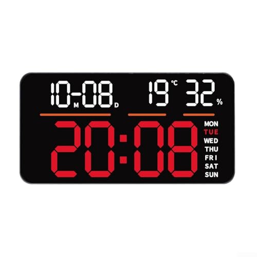 Reloj de pared digital LED con grandes números visibles, alarmas duales para programación flexible, días de cuenta regresiva, monitor de temperatura y humedad, cronómetro y calendario (rojo)
