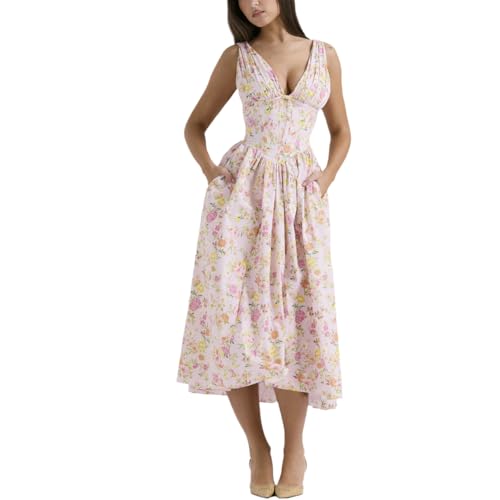 Eternatastic Women's V-Neck Sleeveless Floral Midi Dress for Wedding Party  Ladies Beach Sundress with Pockets at Amazon Women's Clothing store