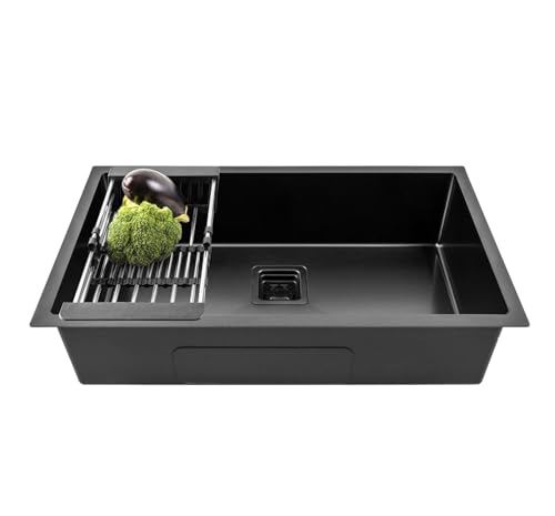 Image of Fossa 27 inchx20 inchx10 inch 5-Year Warranty Premium Stainless Steel Handmade Single Bowl Kitchen Sink | Sink with Waste Coupling & PVC Waste Pipe - Black (Matte Finish)