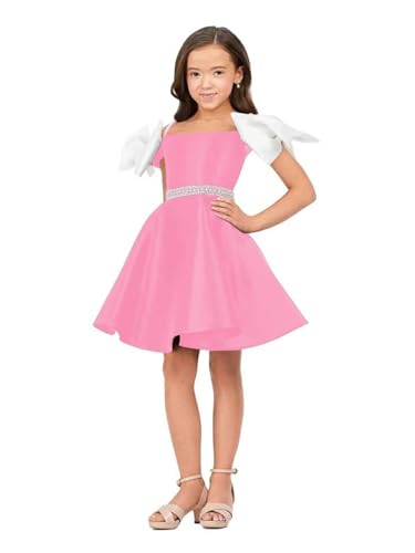 Satin Spaghetti Strap Flower Girl Dress for Wedding Beaded Bow A-line Mini Pageant Dressesfor Girls