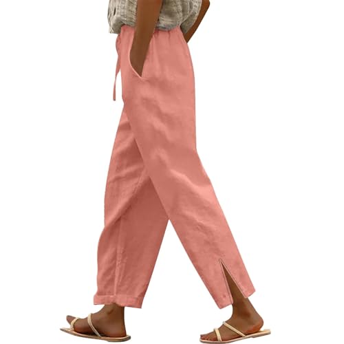 Pantalones de vestir blancos para mujer, pantalones de lino blanco, pantalones de mujer con bolsillo, pantalones de cintura alta para mujer, pantalones deportivos rectos y ligeros para el verano, rosa