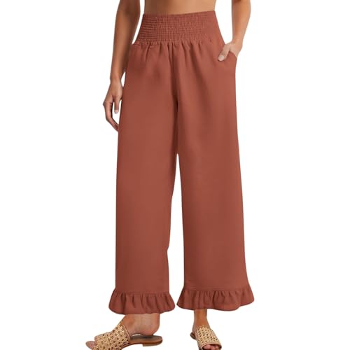Image of Women Linen Pants Dressy Casual Summer Boho Ruffle Hem Wide Leg Cropped Pants Smocked High Waisted Palazzo Pant