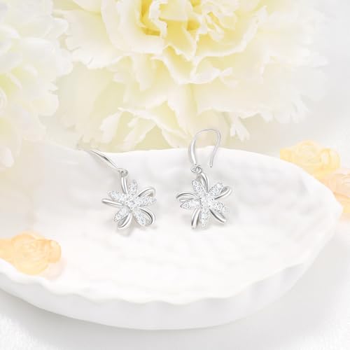 Sterling Silver Flower Earrings for Women - Sparkle Cubic Zirconia Flower Drop Dangle Earrings for Sensitive Ears Hypoallergenic Lightweight Dainty Floral Dangling Earring Jewelry Gifts for Her2