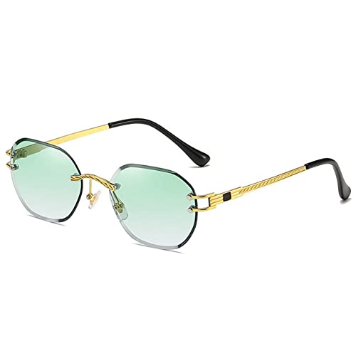 Lunettes de soleil bleues sans monture en métal doré, lignes carrées épurées style haute couture