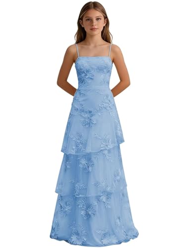Lace Junior Bridesmaid Dresses for Wedding Floral Girls Formal Dress Tiered Blue Girls Prom Party Dresses 10-12