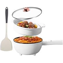Hot Pot Electric with Steamer, 3L Non-Stick Frying Pan, Rapid Noodles Cooker Electric Pot for Steak, Egg, Fried Rice, Ramen, Soup with 2 Heating Power, Spatula