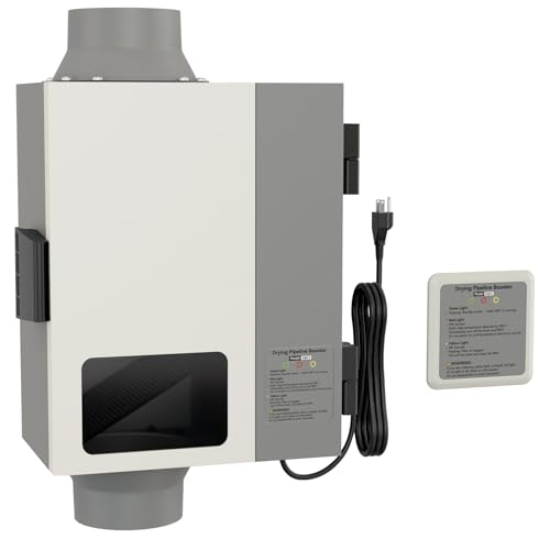 Dirlexal 4 Inch Dryer Vent Booster Fan 160 CFM Auto On/Off Lint Trap with View Window Clog & Overheat Alerts Remote Status Panel Plug-In Kit for Long Duct Runs Over 25 Ft
