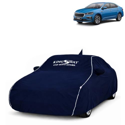 Image of KINGSWAY Super Waterproof Car Cover Only with Skoda Slavia (Year 2022 Onwards - All Model) | Mirror and Antenna Pockets | All Weather Car Body Cover with Silver Piping | Blue