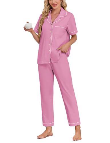 Image of COLORFULLEAF Women's 100% Cotton Pajamas Set Button Down Sleepwear Short Sleeve Shirt and Long Pants Soft Ladies Lounge Sets