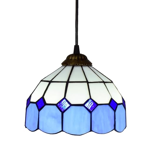 MANHONG Lámpara colgante Tiffany pequeña de 8 pulgadas con vitrales, estilo vintage, con rejilla azul, ideal for dormitorio, cocina, isla, comedor y sala de estar.