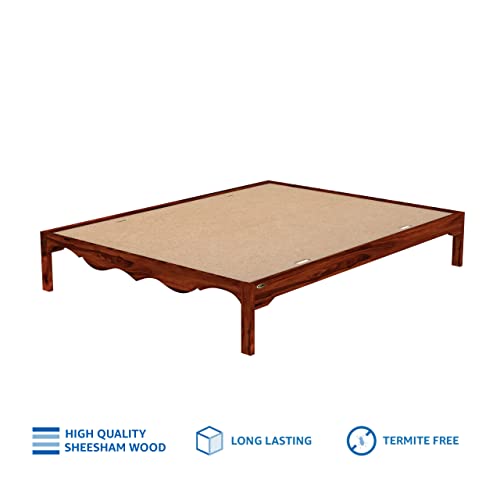Image of STRATA FURNITURE Solid Sheesham Wood Mehraab Queen Size Bed Without Storage | Palang Cots Wooden Double Beds | Ideal Furniture for Living Room Bedroom (Honey Finish)