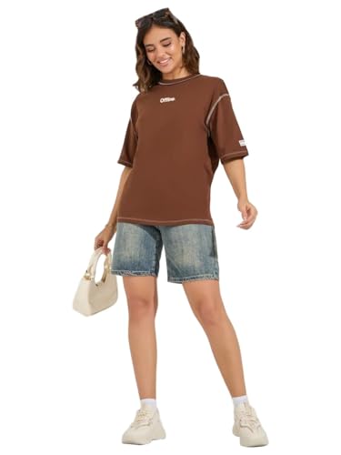 Styli Women 7005541405 Oversized Drop Shoulder Slogan T-Shirt With Exposed Seam L Brown